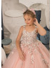 Thin Straps Pink Lace Tulle Beaded Flower Girl Dress